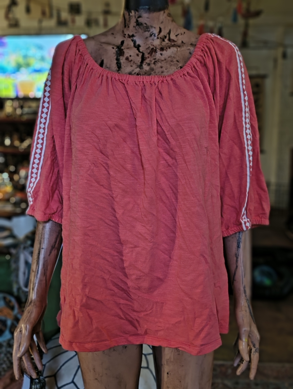 Tommy Hilfiger Coral Peasant Tunic with White Sleeve Trim